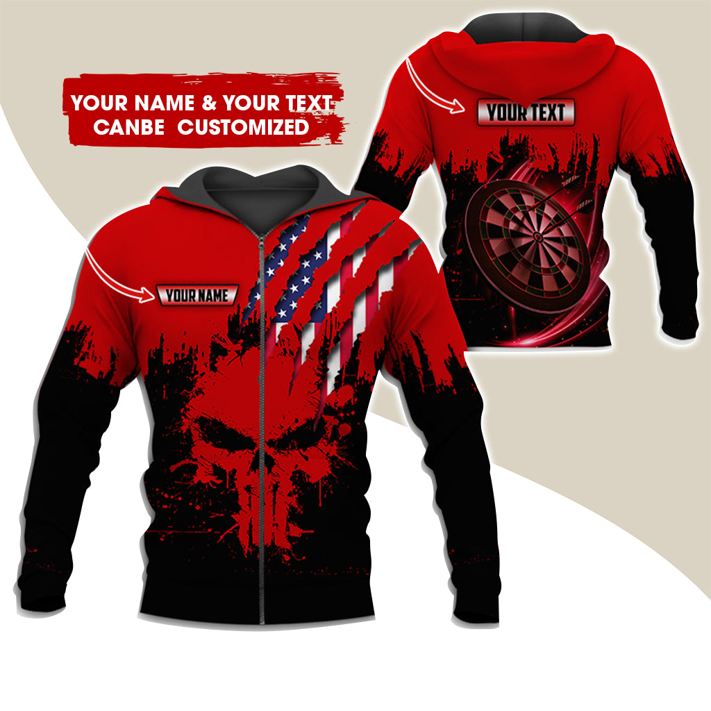 Customized Name & Text Skull Darts Premium Zip Hoodie, Personalized American Flag Zip Hoodie For Men & Women - Gift For Darts Lovers, Darts Players