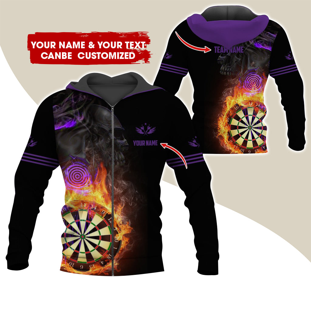 Customized Darts Premium Zip Hoodie, Personalized Name & Team Dartboard In Flame Team Zip Hoodie For Men & Women - Gift For Darts Lovers, Darts Players