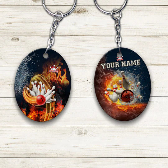 Customized Name Red Bowl And Pins In Water And Fire Acrylic Keychain - Christmas Gift For Bowling Lovers, Bowling Players, Family, Friends