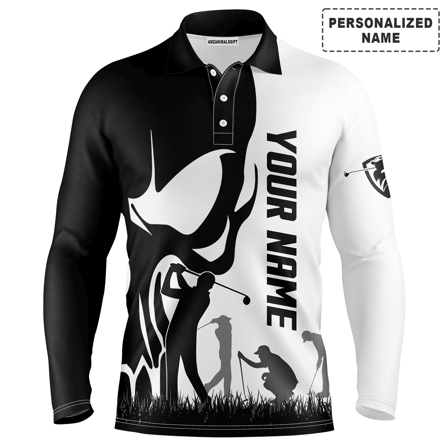 Custom Golf Long Sleeve Men Polo Shirt, Custom Name Skull Golf Ball Skin Apparel Men Golf Polo Shirt - Perfect Gift For Men, Golf Lovers