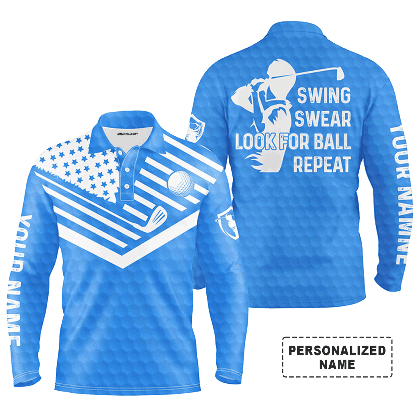 Custom Golf Long Sleeve Men Polo Shirt -  Custom Name American Flag Apparel - Swing Swear Look For Ball Repeat Men Golf Polo Shirt