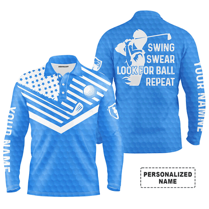 Custom Golf Long Sleeve Men Polo Shirt -  Custom Name American Flag Apparel - Swing Swear Look For Ball Repeat Men Golf Polo Shirt