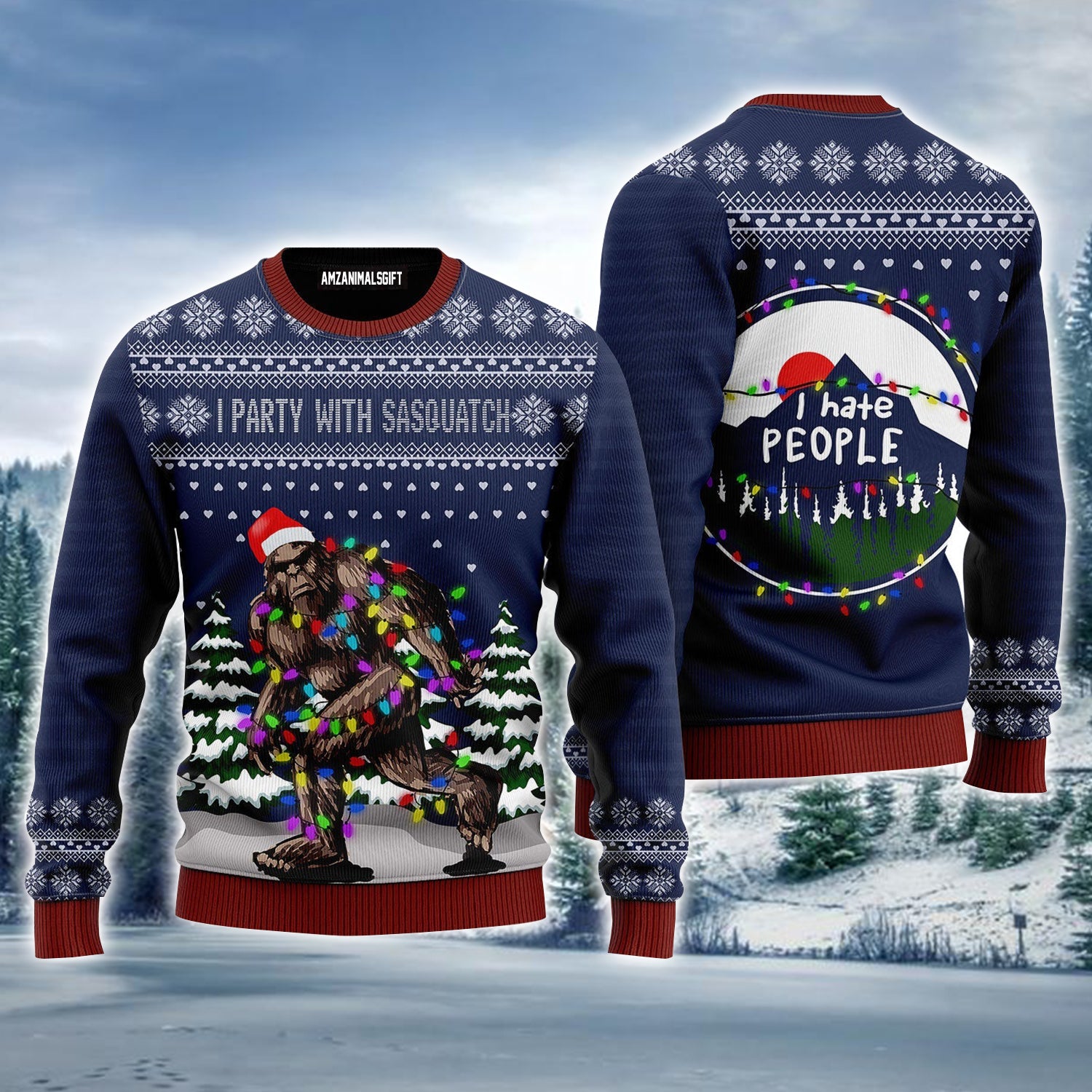 Bigfoot Ugly Christmas Sweater, I Party With Sasquatch Camping Pattern Christmas Ugly Sweater For Men & Women - Gift For Christmas, Friends, Family