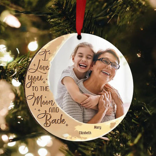 Custom Photo Wooden Ornament, Customized Family Photo Wood Ornament, I Love You To The Moon And Back - Christmas Gift For Mom, Dad, Members Family