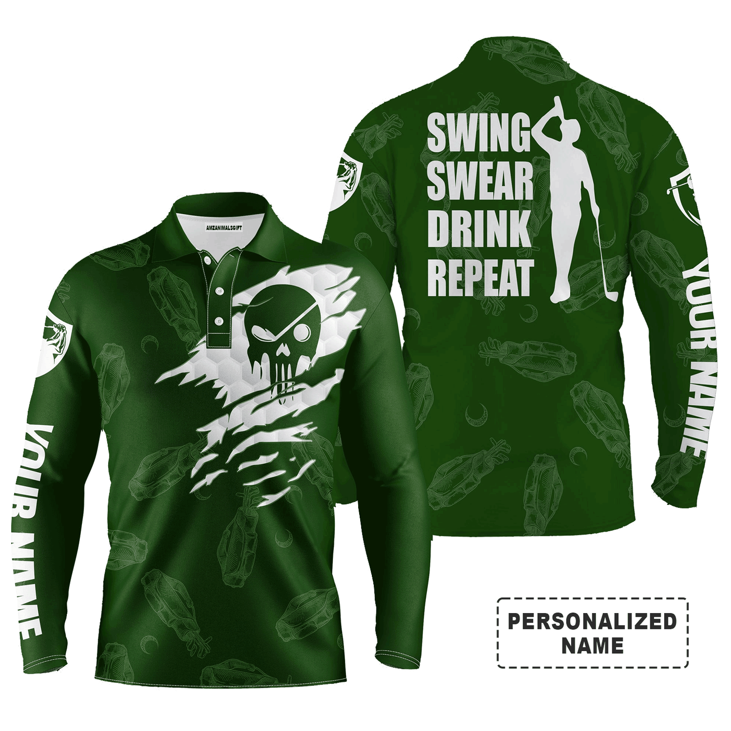 Golf Men Polo Shirt - Custom Name Multicolor Golf Clubs Pattern - Swing Swear Drink Repeat Men Polo Shirt For Golf Lover