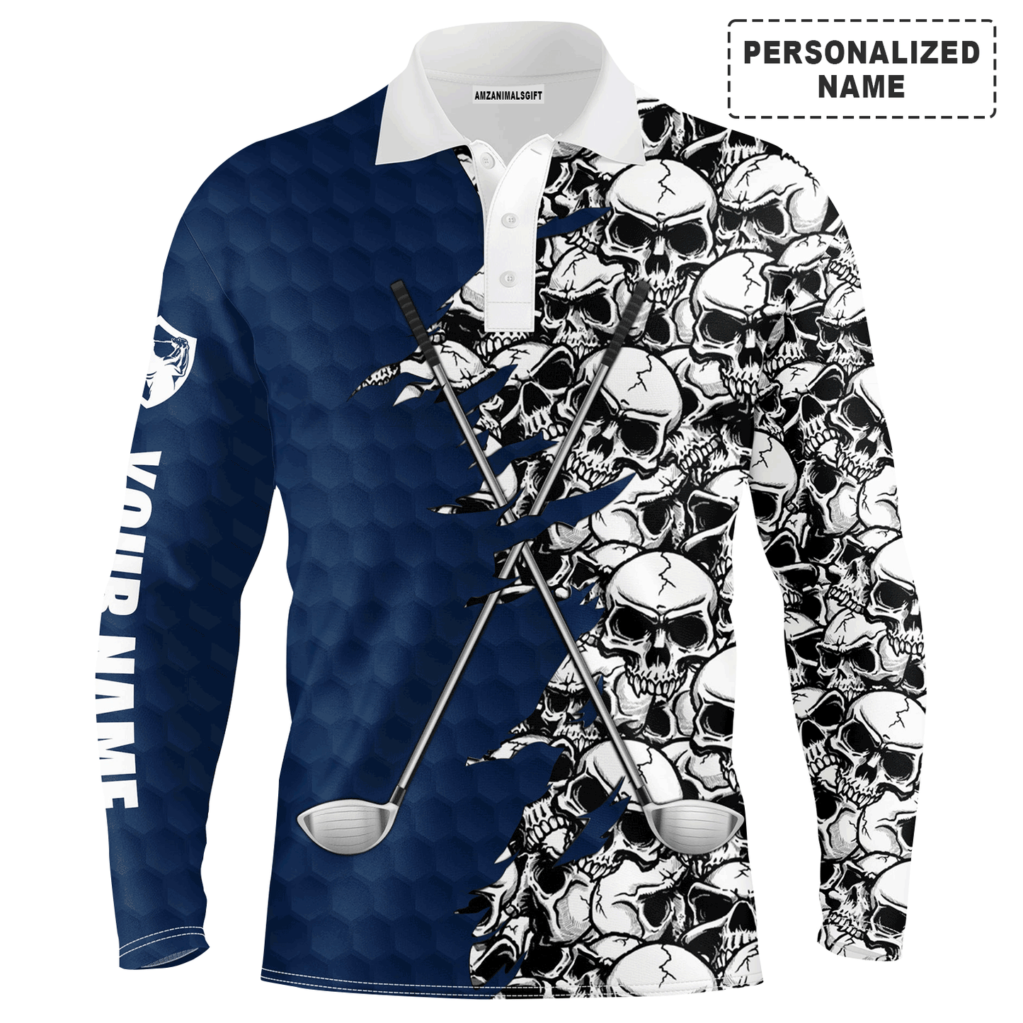 Custom Golf Long Sleeve Men Polo Shirt, Pattern Skull Golf Clubs Performance Custom Name Apparel - Perfect Gift For Men, Golf Lovers