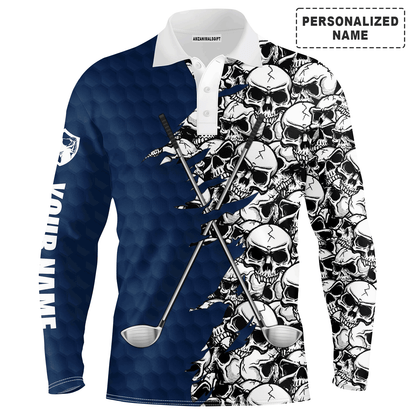 Custom Golf Long Sleeve Men Polo Shirt, Pattern Skull Golf Clubs Performance Custom Name Apparel - Perfect Gift For Men, Golf Lovers