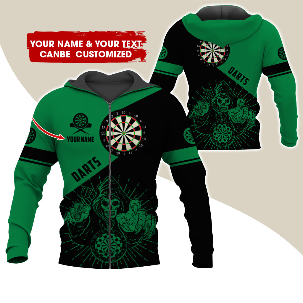 Customized Name Grim Reaper Darts Premium Zip Hoodie, Personalized Name Dartboard Zip Hoodie For Men & Women - Gift For Darts Lovers, Darts Players