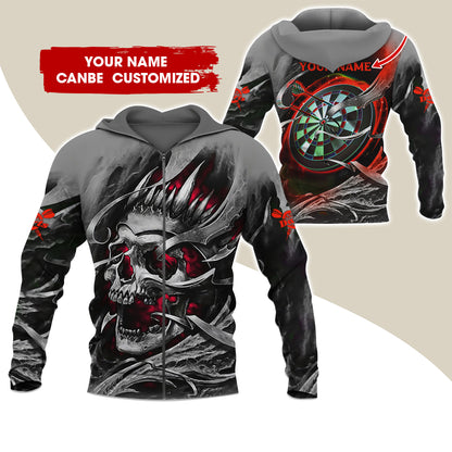 Customized Name Skull Darts Premium Zip Hoodie, Personalized Name Dartboard Zip Hoodie For Men & Women - Gift For Darts Lovers, Darts Players