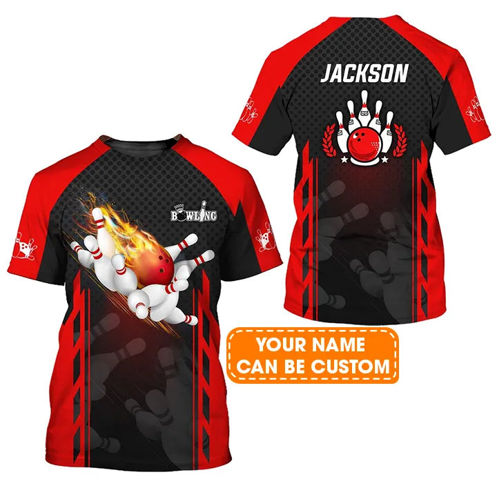 Bowling Custom Name T Shirt, Red Bowling Ball On Fire Personalized Name T-Shirt For Men, Perfect Gift For Bowling Lovers, Bowlers, Team, Friend