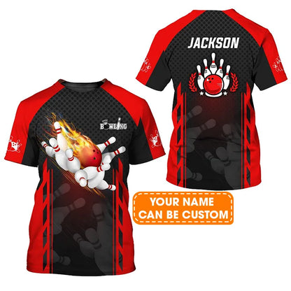 Bowling Custom Name T Shirt, Red Bowling Ball On Fire Personalized Name T-Shirt For Men, Perfect Gift For Bowling Lovers, Bowlers, Team, Friend