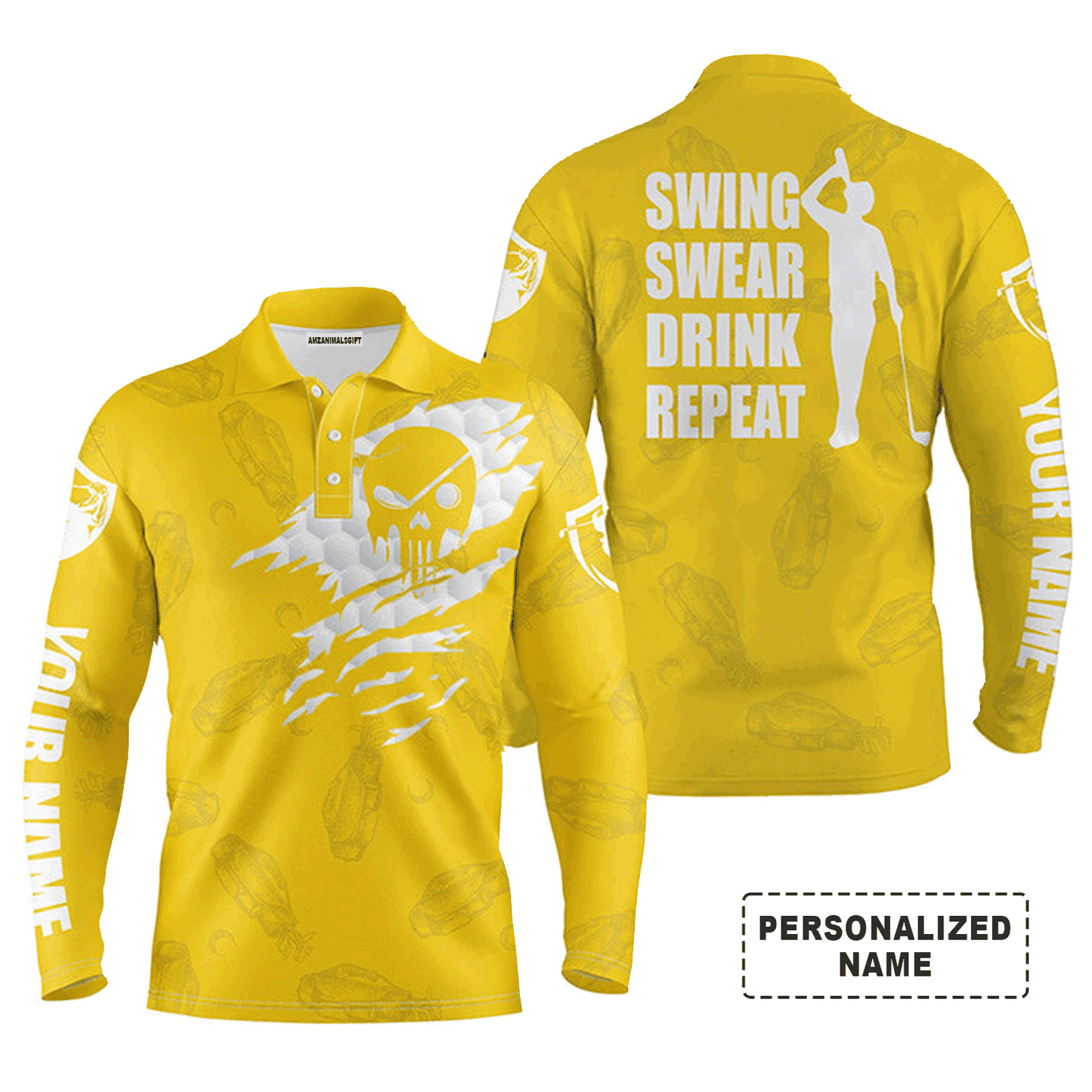 Golf Men Polo Shirt - Custom Name Multicolor Golf Clubs Pattern - Swing Swear Drink Repeat Men Polo Shirt For Golf Lover