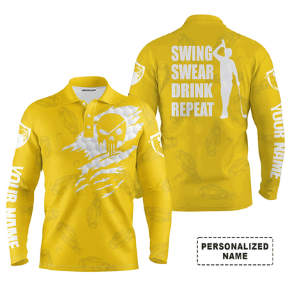 Golf Men Polo Shirt - Custom Name Multicolor Golf Clubs Pattern - Swing Swear Drink Repeat Men Polo Shirt For Golf Lover