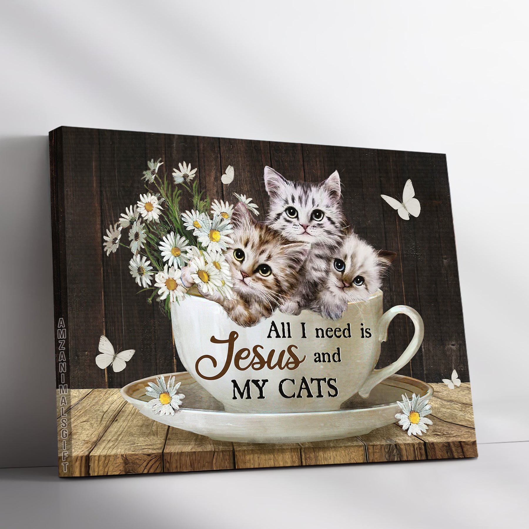 Cat & Jesus Premium Wrapped Landscape Canvas - White Cat Drawing, Daisy Flower, Tea Cup, All I Need Is Jesus And My Cats - Gift For Christian