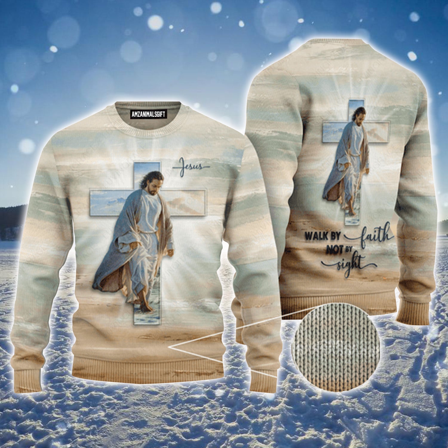 Jesus Christ Walk On Beach Walk By Faith Not By Sight Urly Sweater, Christmas Sweater For Men & Women - Perfect Gift For New Year, Winter, Christmas