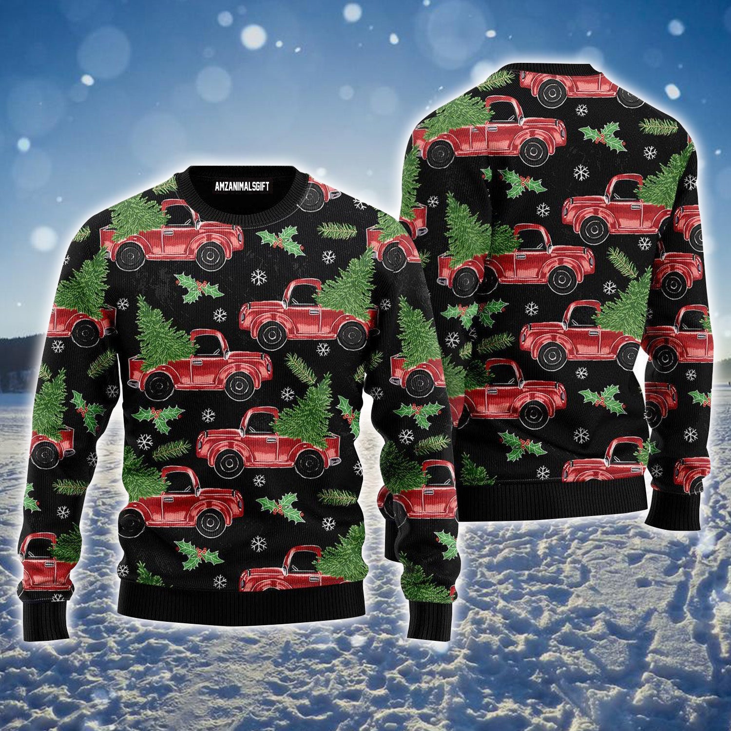 Red Truck And Pine Trees Pattern Ugly Sweater For Men & Women, Perfect Outfit For Christmas New Year Autumn Winter