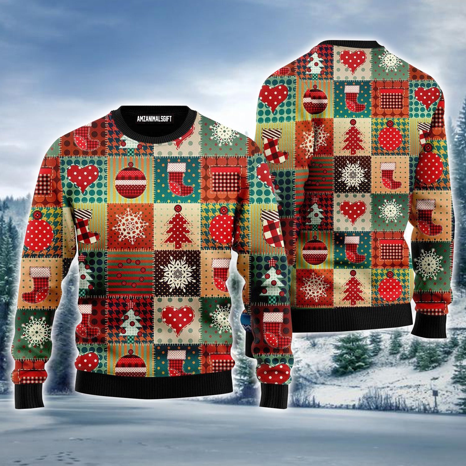 Vintage Christmas Patchwork Ugly Sweater For Men & Women, Perfect Outfit For Christmas New Year Autumn Winter