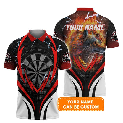 Wolf And Darts Custom Name Men Polo Shirt, Flame Bullseye Dartboard Personalized Men Polo Shirt Gift For Darts Lovers, Friends, Team Players