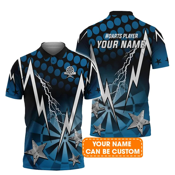 Darts Custom Name Men Polo Shirt, Thunder Lightning Dartboard Personalized Blue Men Polo Shirt Gift For Darts Lovers, Friend, Team Player