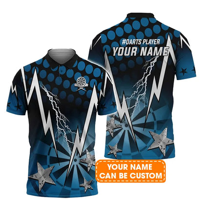 Darts Custom Name Men Polo Shirt, Thunder Lightning Dartboard Personalized Blue Men Polo Shirt Gift For Darts Lovers, Friend, Team Player