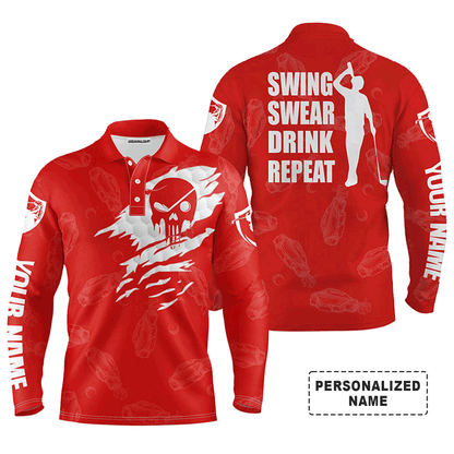 Golf Men Polo Shirt - Custom Name Multicolor Golf Clubs Pattern - Swing Swear Drink Repeat Men Polo Shirt For Golf Lover