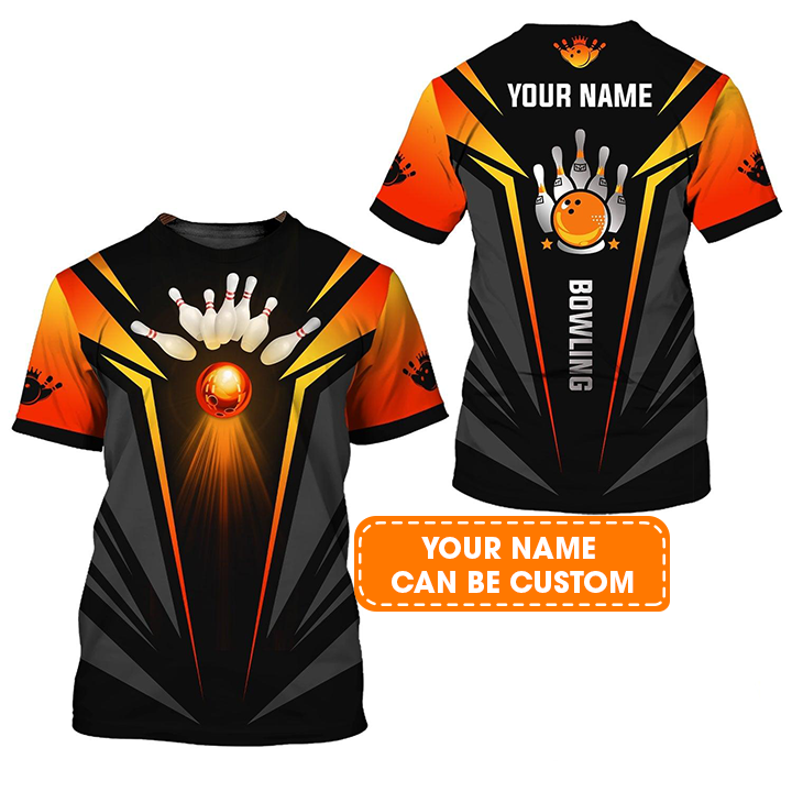 Bowling Custom Name T Shirt, The Orange Bowling Ball in Flames Personalized T-Shirt For Men, Perfect Gift For Bowling Lovers, Bowlers, Team, Friend