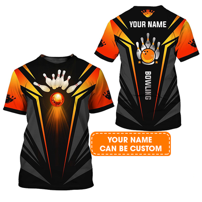 Bowling Custom Name T Shirt, The Orange Bowling Ball in Flames Personalized T-Shirt For Men, Perfect Gift For Bowling Lovers, Bowlers, Team, Friend