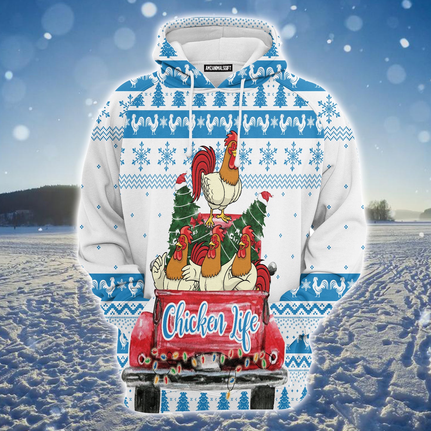 Chicken Life Premium Christmas Hoodie, Chicken Family On Red Car Unisex Hoodie For Men & Women - Perfect Gift For Christmas, Friends, Family