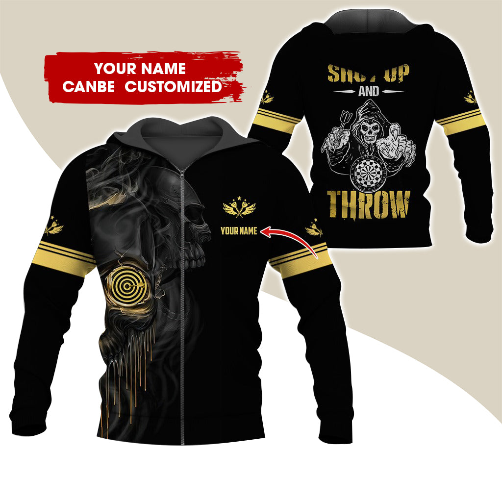 Customized Name Skull Darts Premium Zip Hoodie, Personalized Death Shut Up And Throw Zip Hoodie For Men & Women - Gift For Darts Lovers, Darts Players