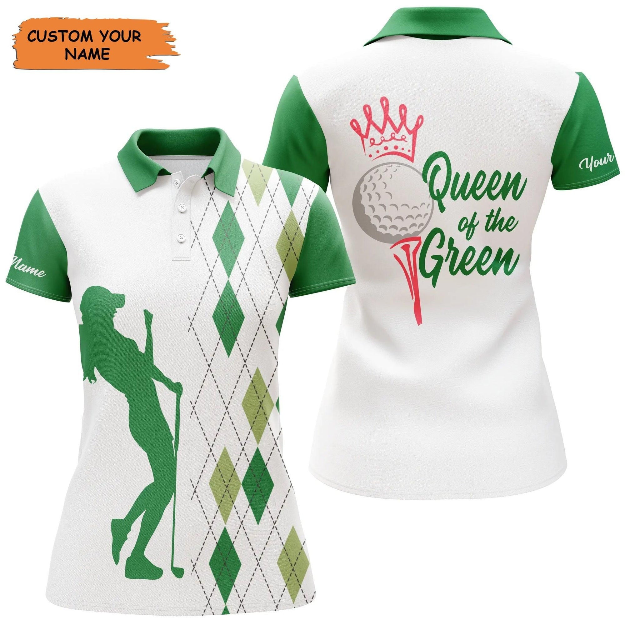 Customized Name Golf Women Polo Shirts, Argyle Plaid White Green Personalized Queen Of The Green - Perfect Gift For Ladies, Golfers, Golf Lovers