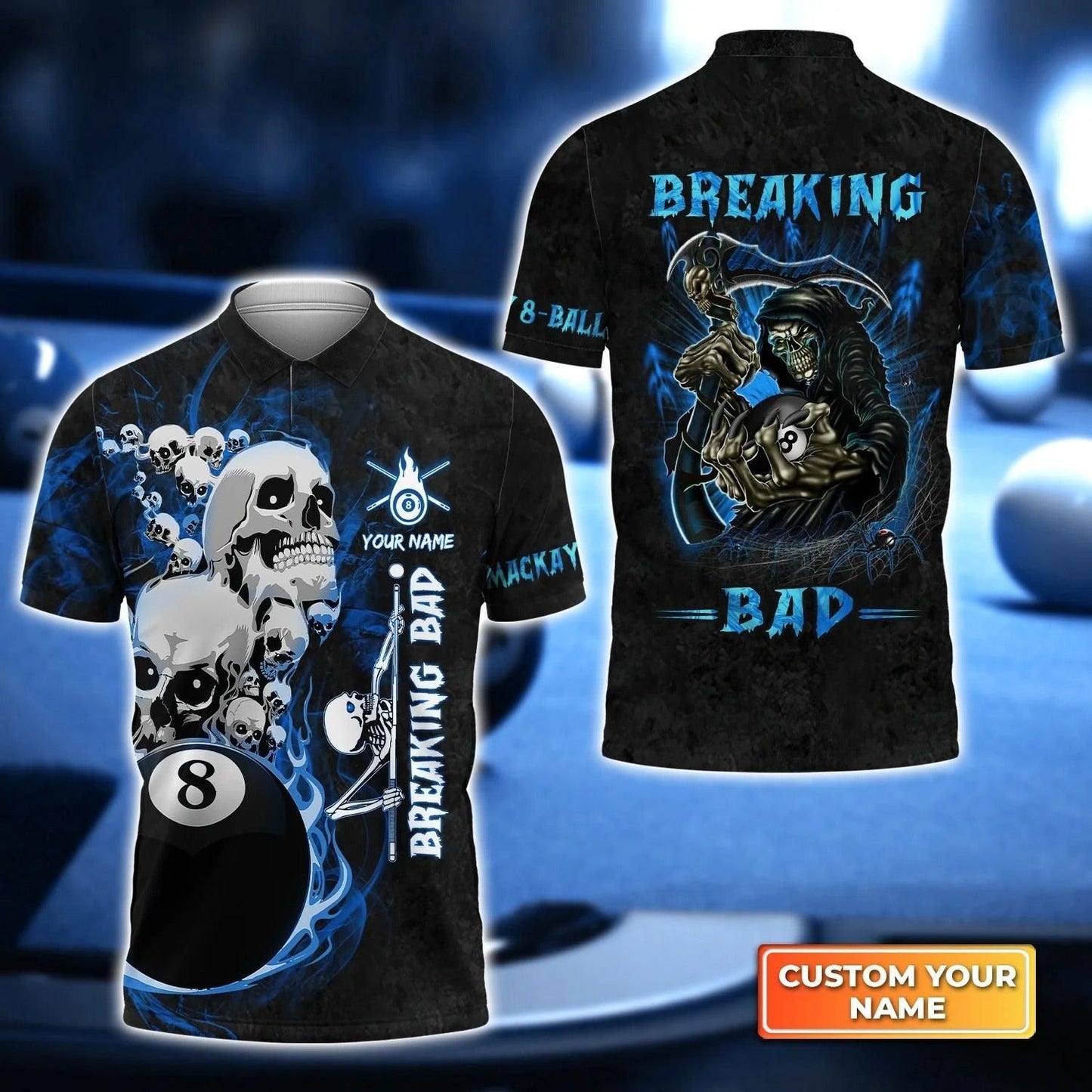 Custom Name Billiard Men Polo Shirt, Personalized Breaking Bad 8 Ball Pool Billiards Polo Shirts, Perfect Gift For Men, Billiard Lovers, Players