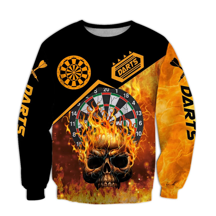 Darts Skull And Fire Sweatshirt Customized Name Dartboard Fire Pattern, Perfect Outfit For Darts Players Uniforms, Darts Lovers, Team