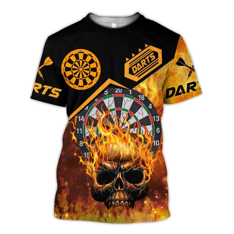 Darts Skull And Fire T-Shirt Customized Name Dartboard Fire Pattern, Perfect Outfit For Darts Players Uniforms, Darts Lovers, Team