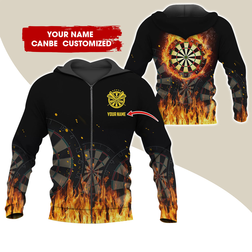 Customized Name Fire Darts Premium Zip Hoodie, Personalized Dartboard In Flame Zip Hoodie For Men & Women - Gift For Darts Lovers, Darts Players