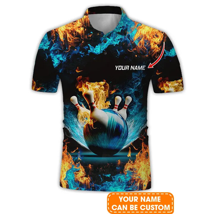 Custom Bowling Men Polo Shirt - Blue Fire Bowling Pattern Personalized Name Polo Shirt - Perfect Bowling Gift For Men, Bowling Lover