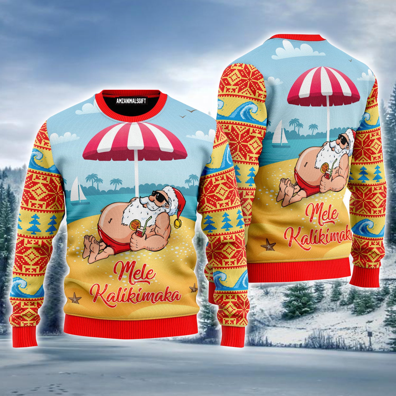 Santa Claus Mele Kalikimaka Beach Ugly Christmas Sweater, Christmas Pattern Ugly Sweater For Men & Women - Perfect Gift For Christmas, Friend, Family