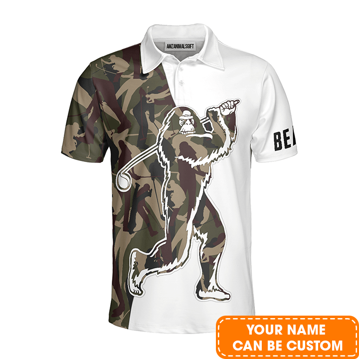 Custom Golf Long Sleeve Men Polo Shirt- Funny Bigfoot Golf Polo Shirts, Camo Pattern Sasquatch Playing Golf Men Polo Shirt For Golf Lover