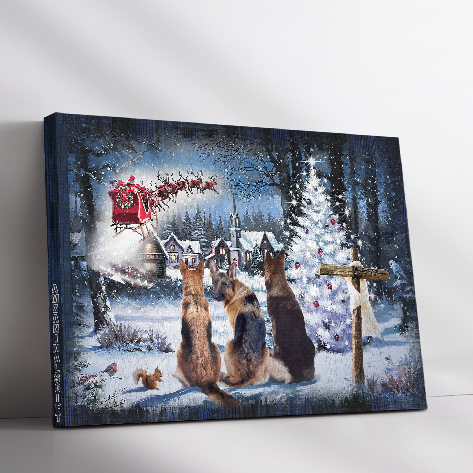 German Shepherd & Jesus Premium Wrapped Landscape Canvas - Christmas, Santa Claus, German Shepherd, Santa Clause Is Coming To Town - Gift For Christian