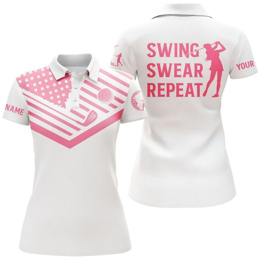 Customized Name Golf Women Polo Shirts, Pink American Flag  Personalized Swing Swear Repeat White Golf Shirt - Perfect Gift For Golfers, Golf Lovers