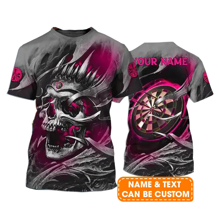 Customized Name Darts T Shirt, Pink Skull Dartboard Personalized Name Skull And Darts T Shirt For Men - Gift For Darts Lovers, Darts Team Players