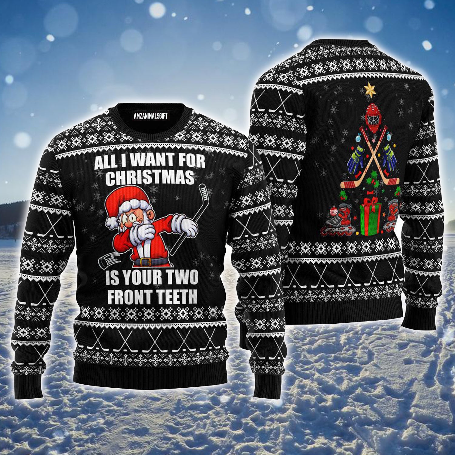 Santa Claus Ugly Christmas Sweater, Santa Plays Hockey Christmas Pattern Ugly Sweater For Men & Women - Perfect Gift For Christmas, Hockey Lovers