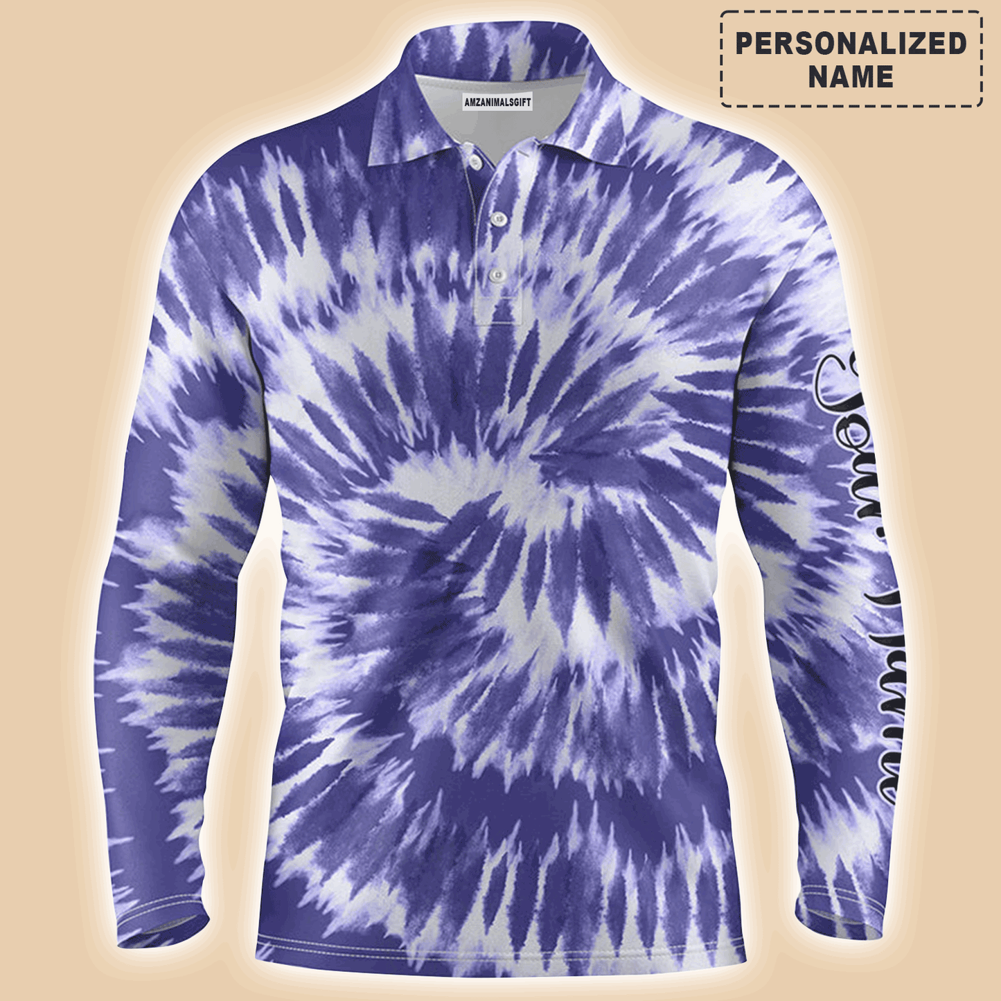 Custom Golf Long Sleeve Men Polo Shirt-Custom Name Violet Purple Tie Dye Background Apparel Men Golf Polo Shirt For Men,Golf Lover