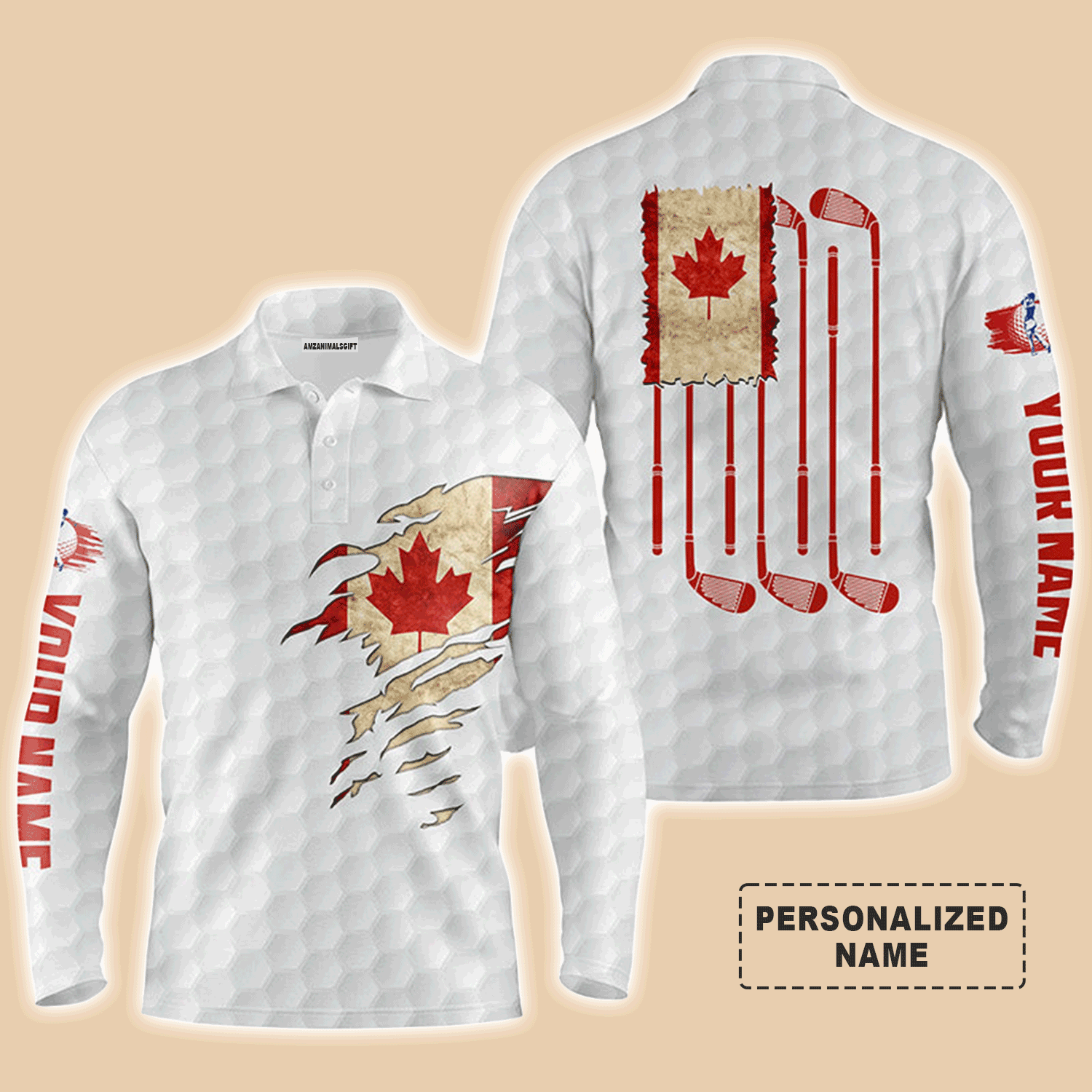 Custom Golf Long Sleeve Men Polo Shirt - Funny Custom Name Vintage Canada Flag Patriot Golf Clubs Apparel For Golf Lover, Men