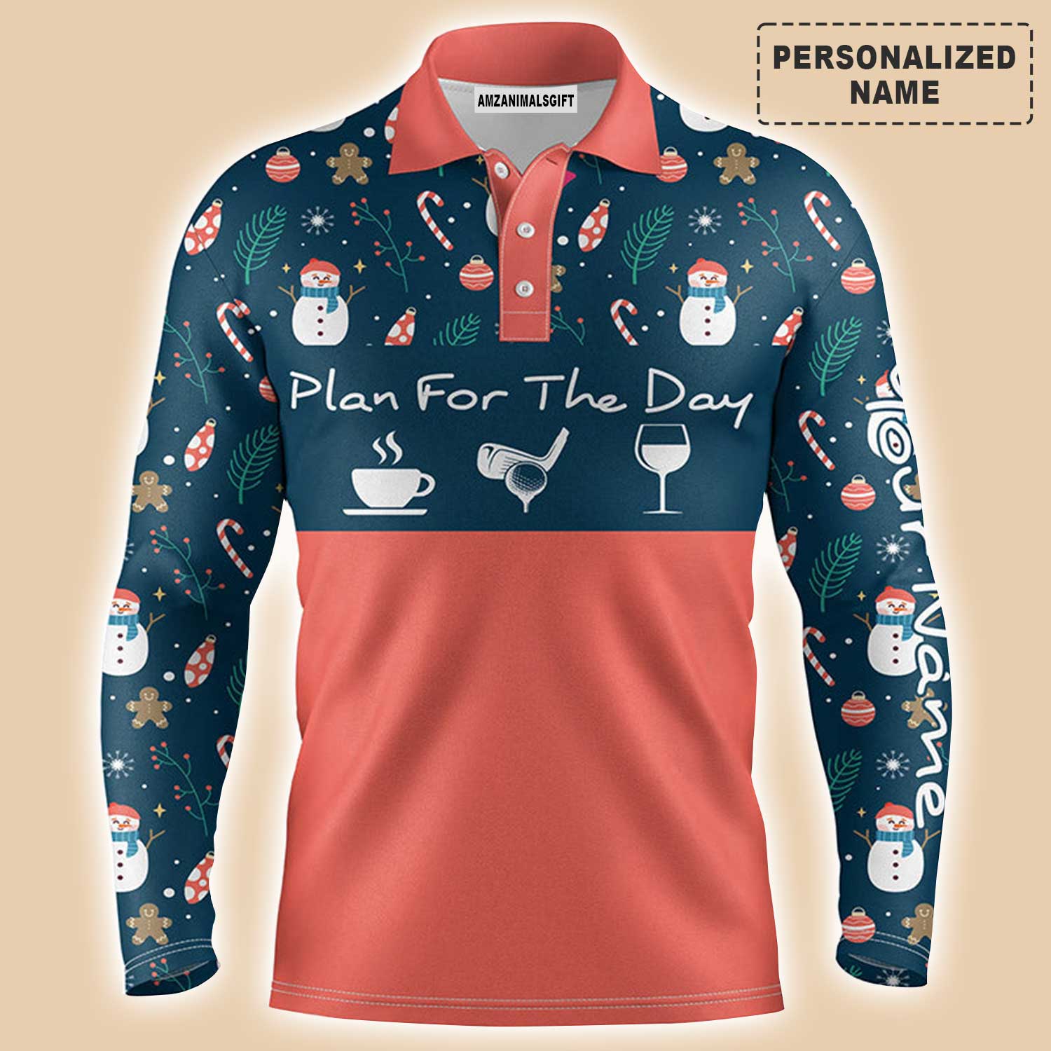 Custom Golf Long Sleeve Men Polo Shirt - Christmas Pattern Snowman Custom Name Apparel, Plan For The Day Coffee Golf Wine - Personalized Gift For Men, Golf Lover