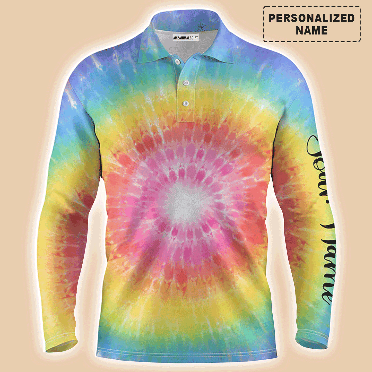 Custom Golf Long Sleeve Men Polo Shirt - Rainbow Coloured Tie Dye Painted Pattern Custom Name Apparel - Personalized Gift For Men, Golf Lover