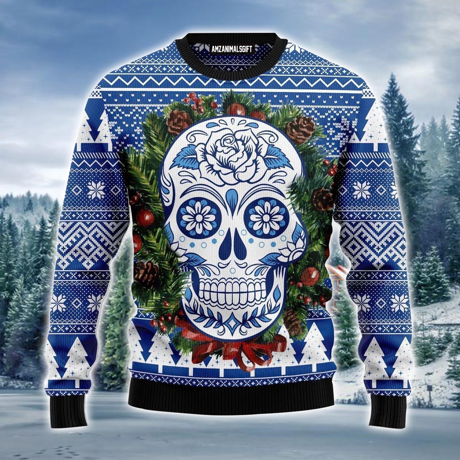 Awesome Sugar Skull Ugly Christmas Sweater, Flower Wreath Christmas Ugly Sweater For Men & Women - Perfect Gift For Christmas, Family, Friends