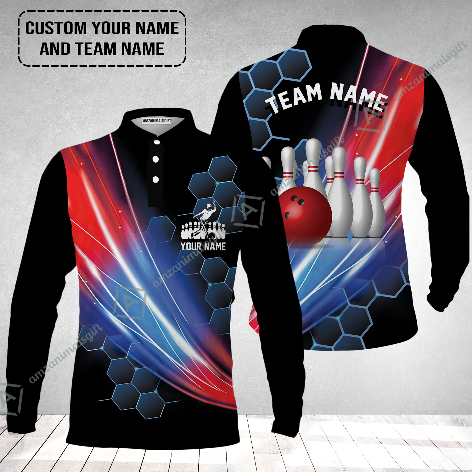 Personalized Bowling Men Long Polo Shirt - Custom Name & Team Name Honeycomb Pattern Bowling Long Polo Shirt For Men & Women Bowling Lover