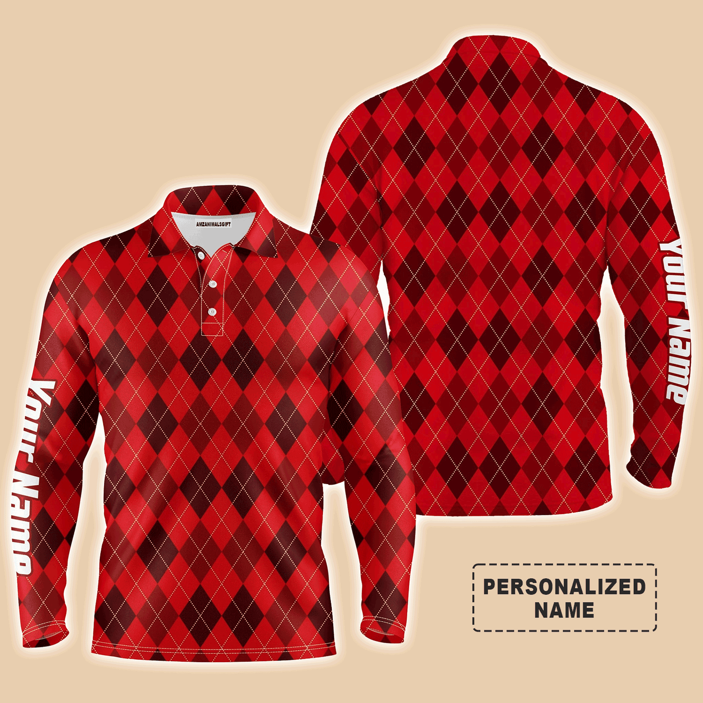 Golf Men Polo Shirt - Custom Name Funny Christmas Plaid Argyle Pattern Apparel Men Polo Shirt - Personalized Gift For Men, Golf Lover