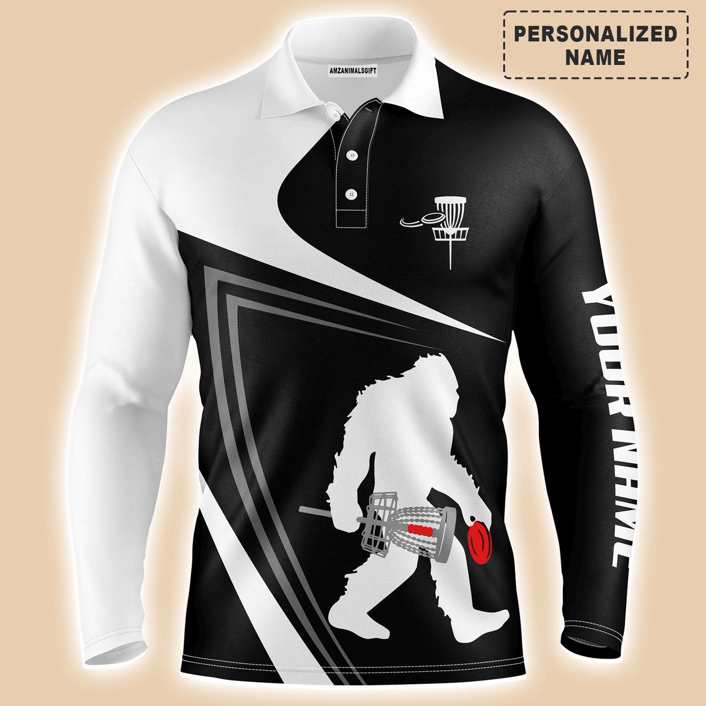 Custom Golf Long Sleeve Men Polo Shirt - Custom Name Black And White Bigfoot Sasquatch Funny Apparel Polo Shirt For Men, Disc Golf Lover