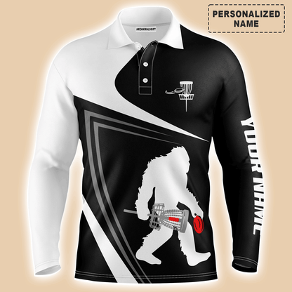 Custom Golf Long Sleeve Men Polo Shirt - Custom Name Black And White Bigfoot Sasquatch Funny Apparel Polo Shirt For Men, Disc Golf Lover